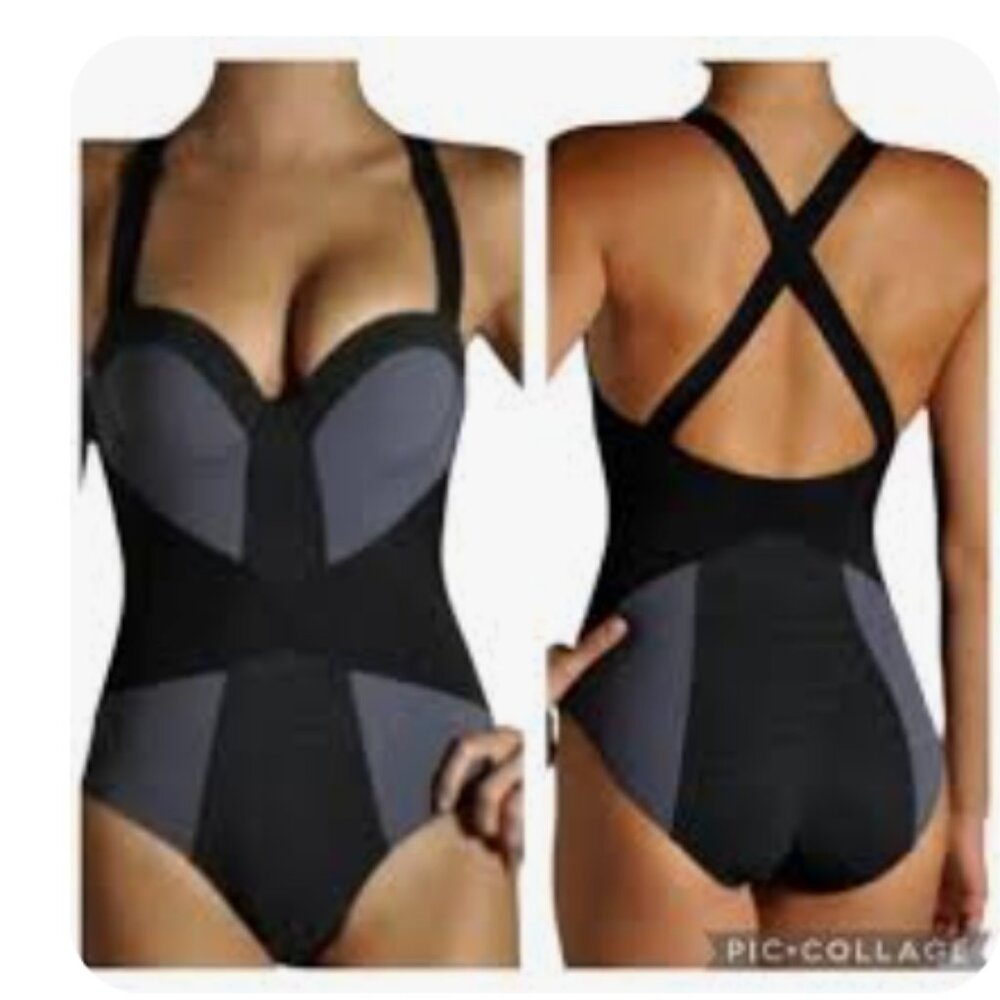 Spanx black and gray dot onepiece swim shapewear size small
